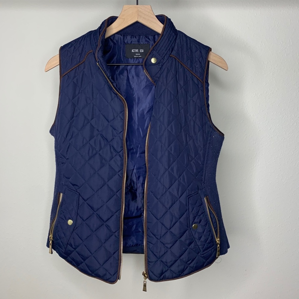 Navy Blue Zip Up Vest Gold Accent